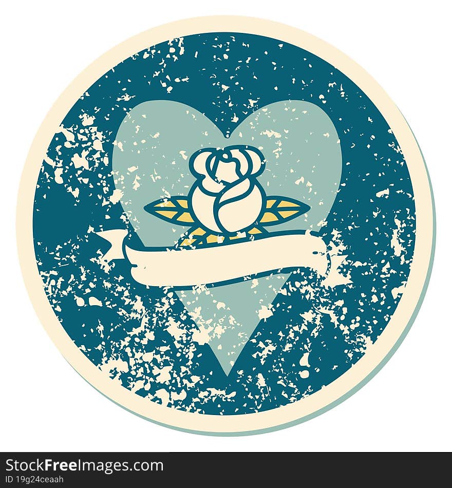 distressed sticker tattoo style icon of a heart rose and banner