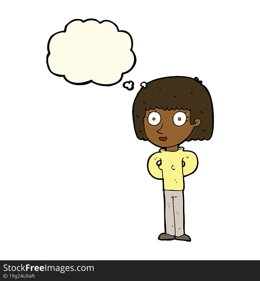 cartoon staring woman with thought bubble