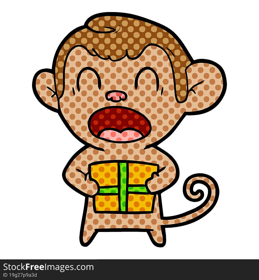 shouting cartoon monkey carrying christmas gift. shouting cartoon monkey carrying christmas gift