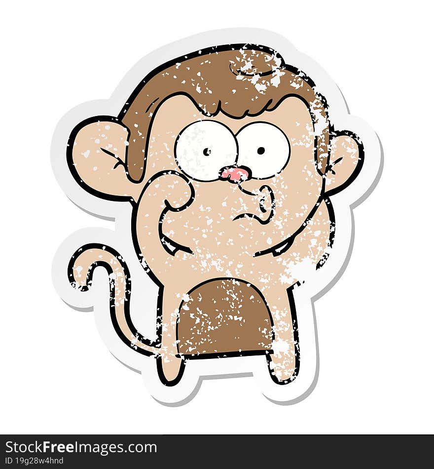 distressed sticker of a cartoon hooting monkey