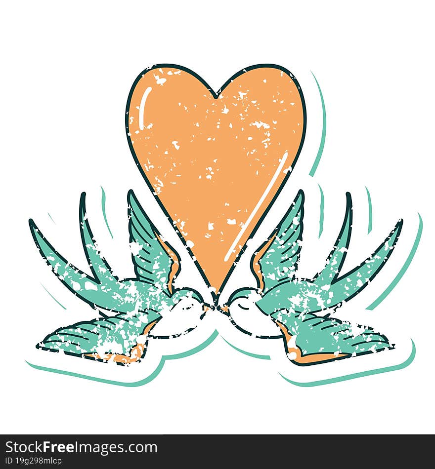 distressed sticker tattoo style icon of a swallows and a heart