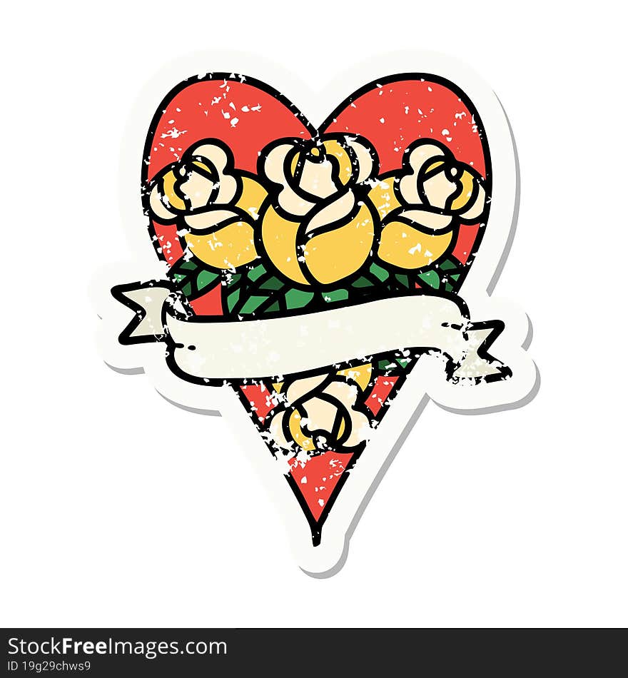 distressed sticker tattoo in traditional style of a heart and banner with flowers. distressed sticker tattoo in traditional style of a heart and banner with flowers