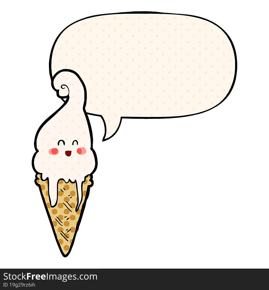 cartoon ice cream and speech bubble in comic book style