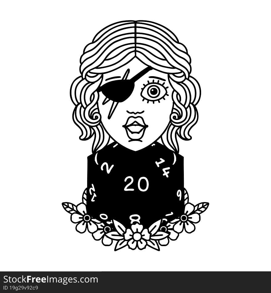 Black and White Tattoo linework Style human rogue with natural twenty dice roll. Black and White Tattoo linework Style human rogue with natural twenty dice roll