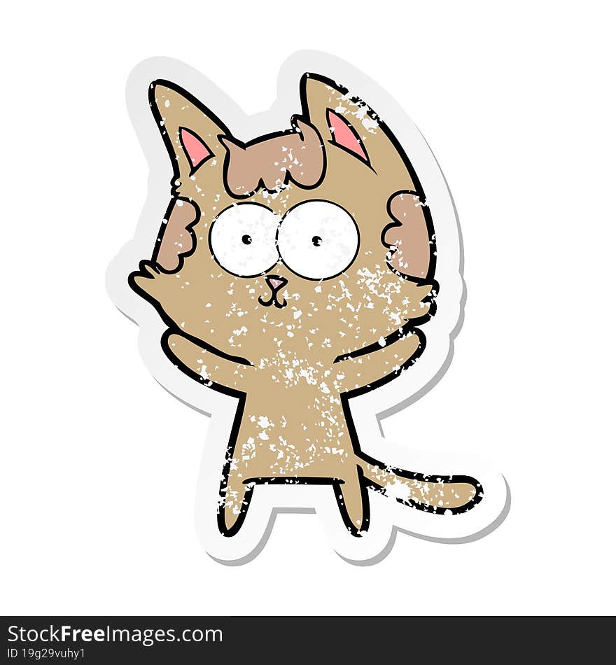 distressed sticker of a happy cartoon cat