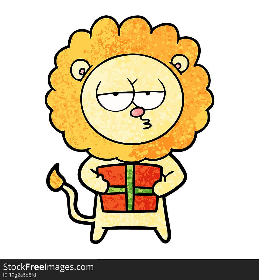 cartoon bored lion with present. cartoon bored lion with present