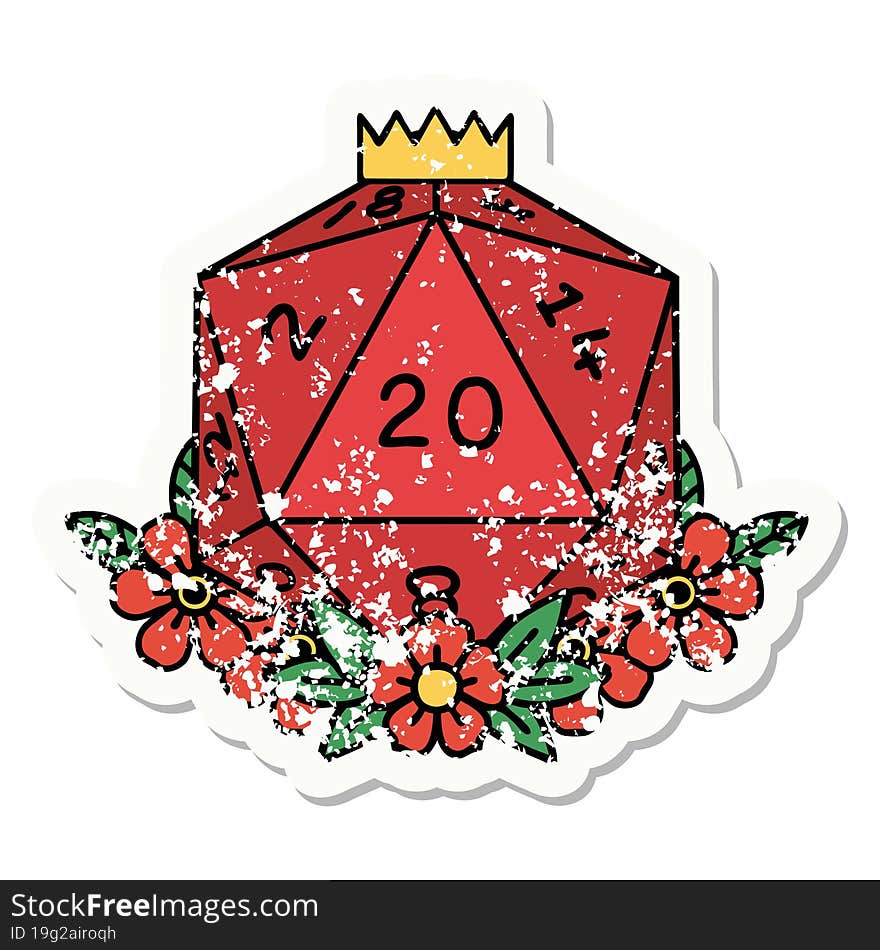 traditional distressed sticker tattoo of a d20