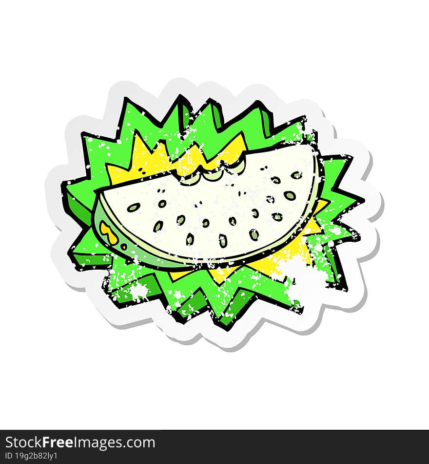 retro distressed sticker of a cartoon melon slice