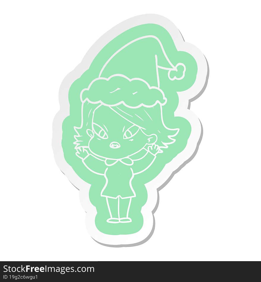 cartoon  sticker of a stressed woman wearing santa hat