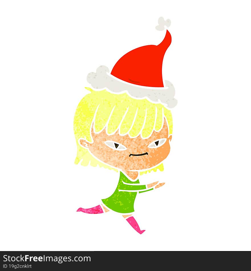 hand drawn retro cartoon of a woman wearing santa hat