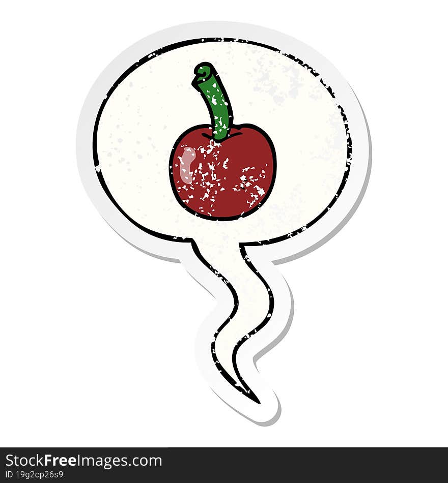 cartoon cherry with speech bubble distressed distressed old sticker. cartoon cherry with speech bubble distressed distressed old sticker