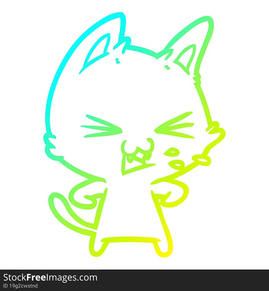 cold gradient line drawing of a cartoon cat hissing