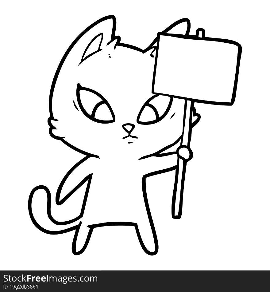 confused cartoon cat with protest sign. confused cartoon cat with protest sign