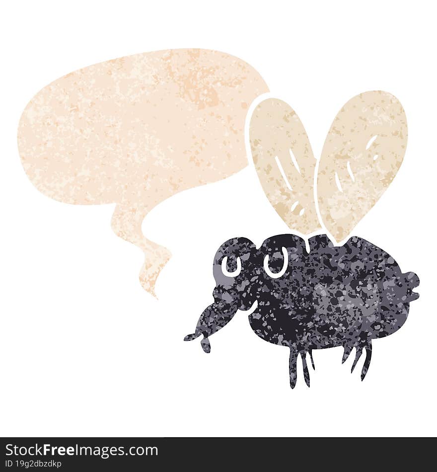 cartoon fly with speech bubble in grunge distressed retro textured style. cartoon fly with speech bubble in grunge distressed retro textured style