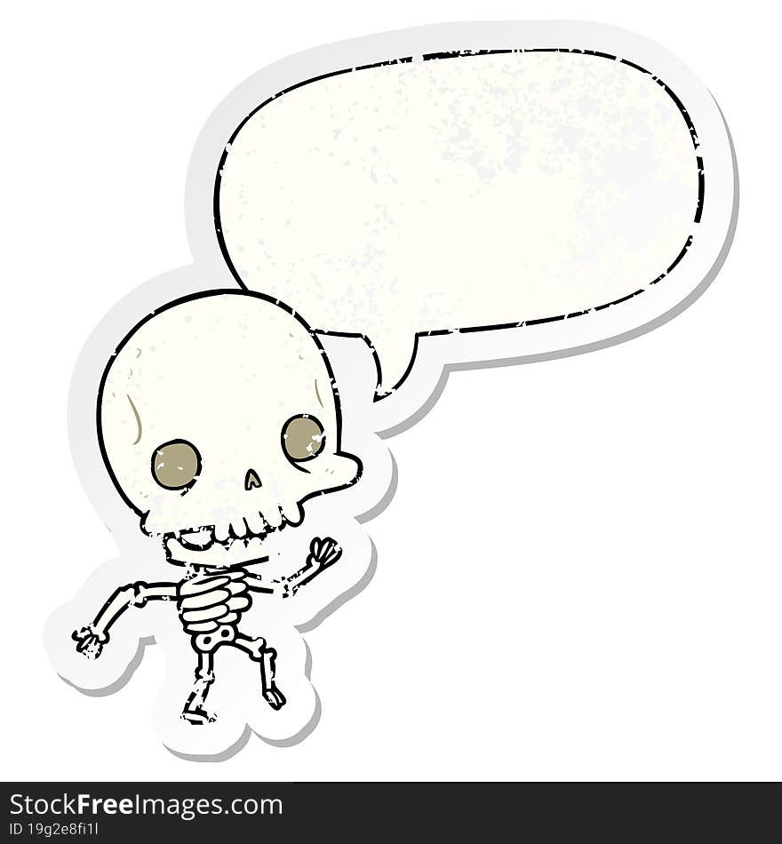 cute cartoon dancing skeleton and speech bubble distressed sticker