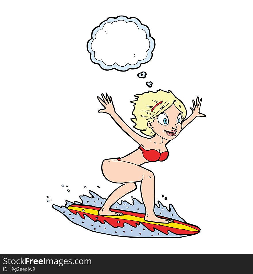 cartoon surfer girl with thought bubble