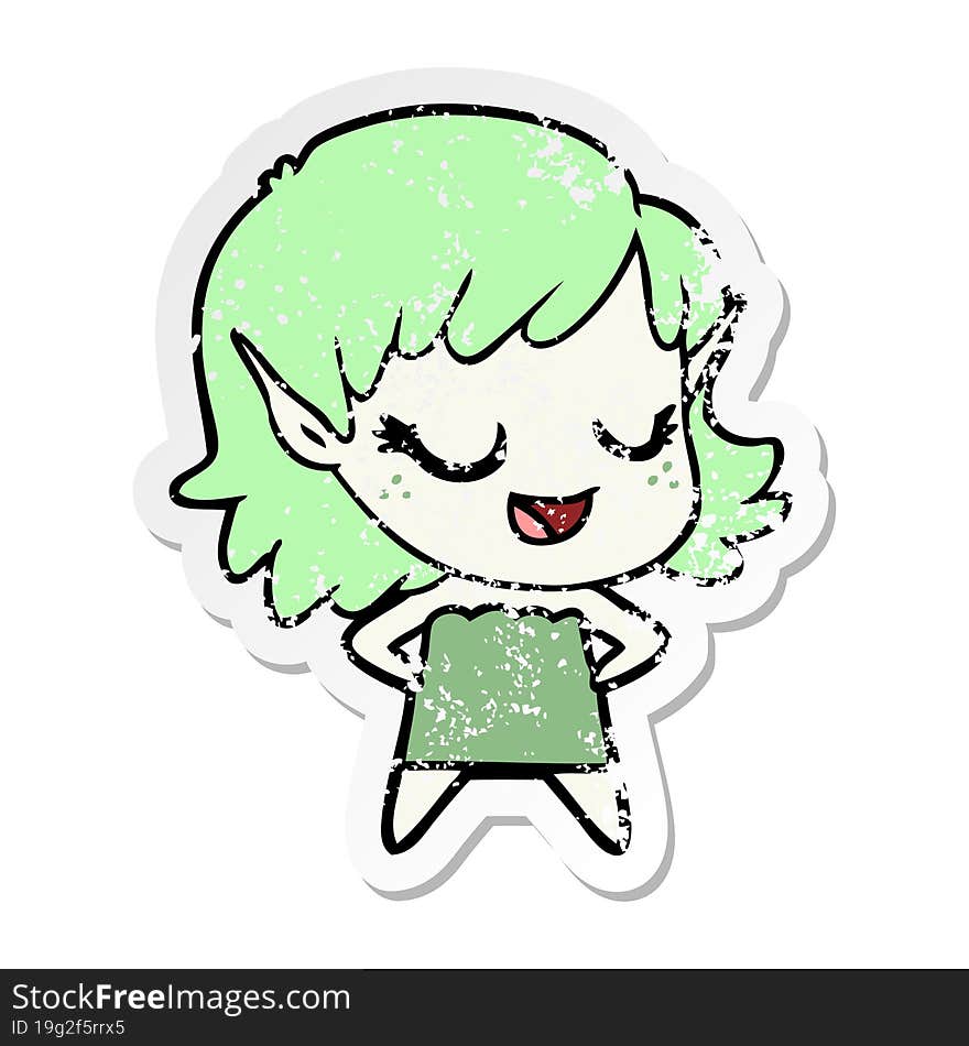 distressed sticker of a happy cartoon elf girl