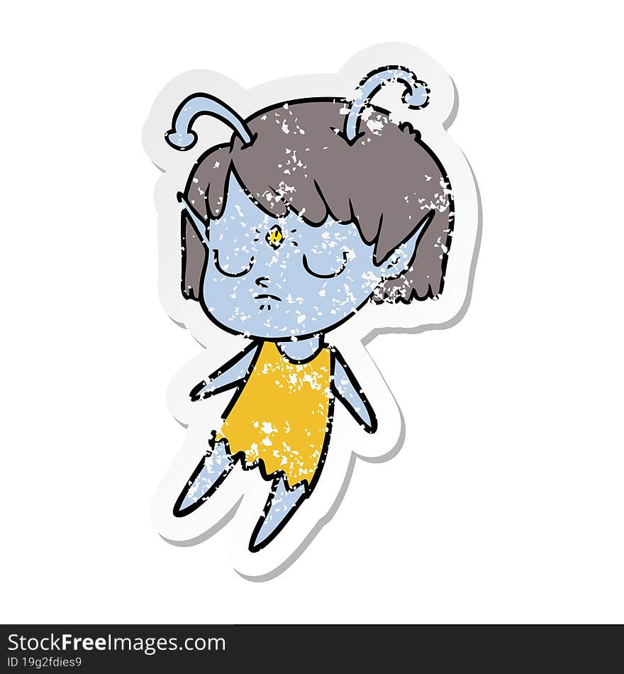 distressed sticker of a cartoon alien girl