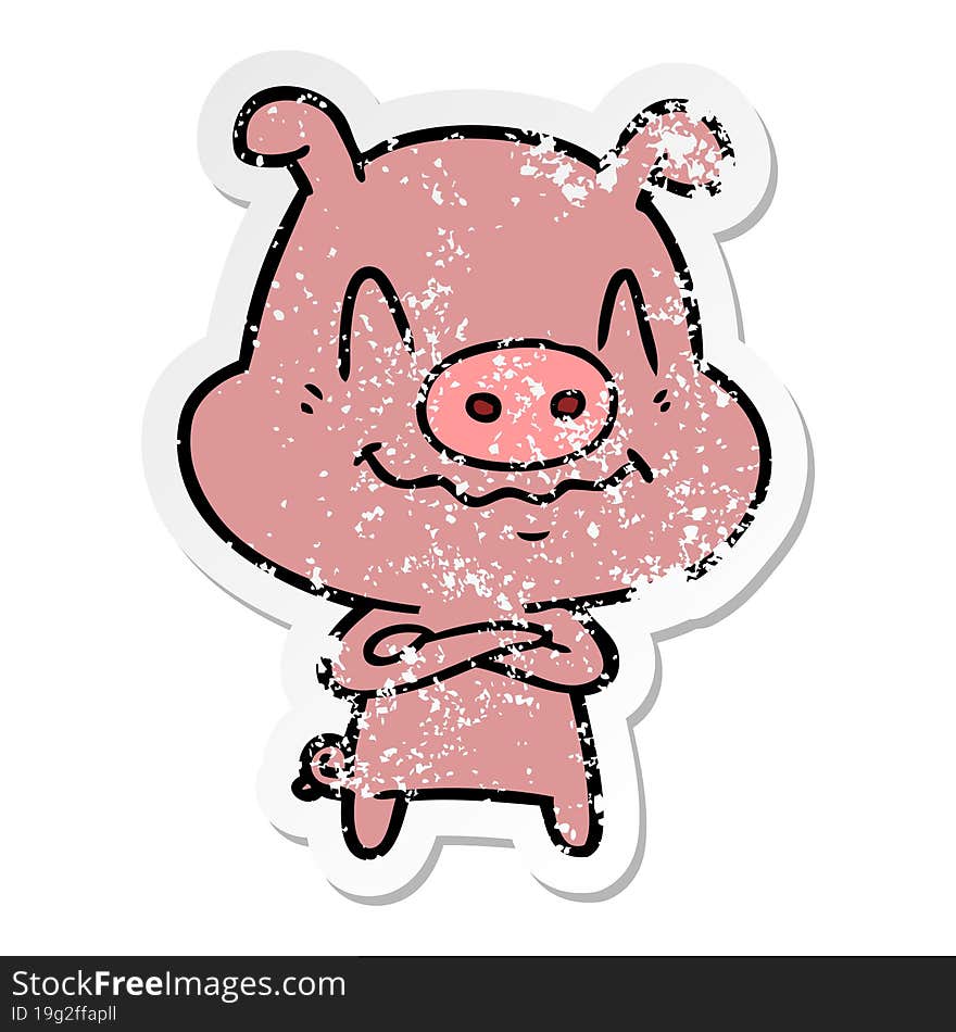 Distressed Sticker Of A Nervous Cartoon Pig