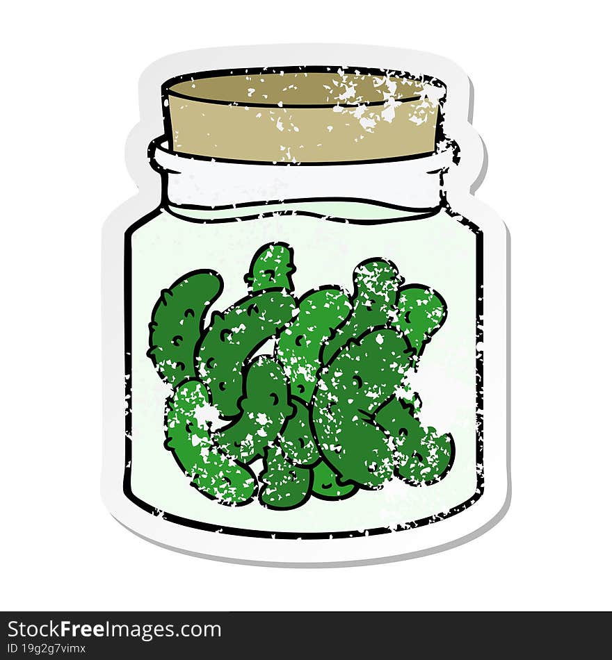 distressed sticker of a cartoon pickled gherkins