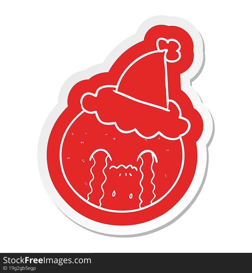 quirky cartoon  sticker of a orange wearing santa hat