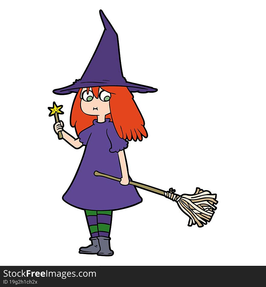 cartoon witch girl with broom. cartoon witch girl with broom