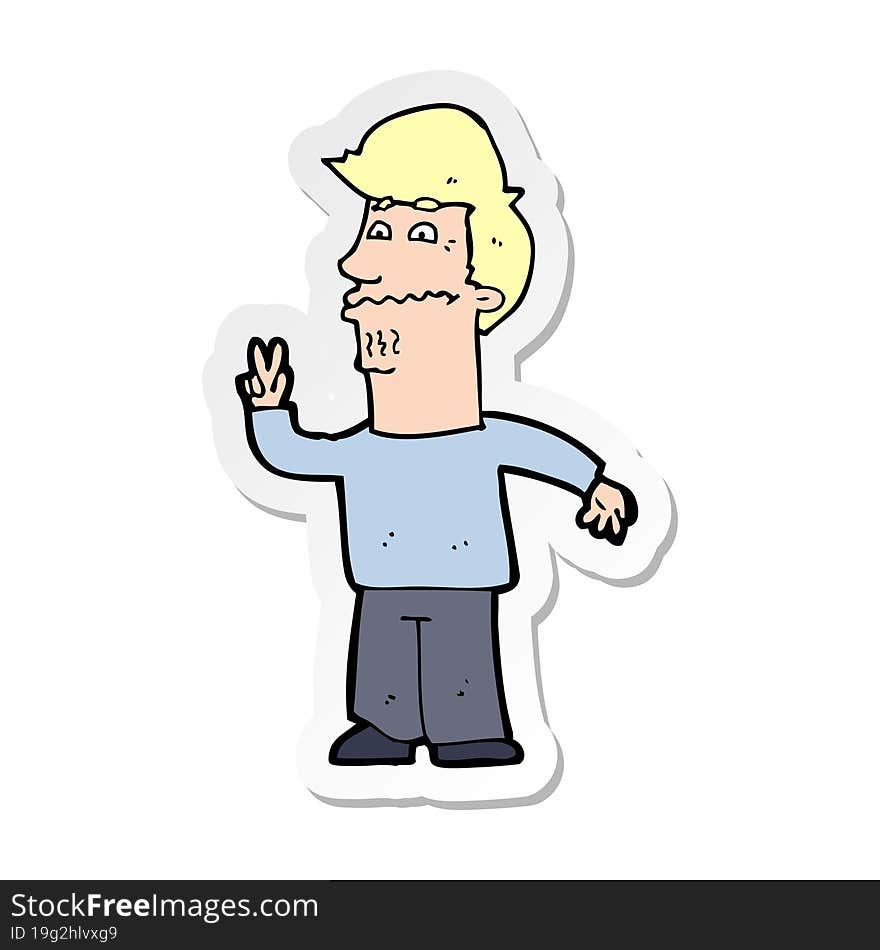 sticker of a cartoon man giving peace sign