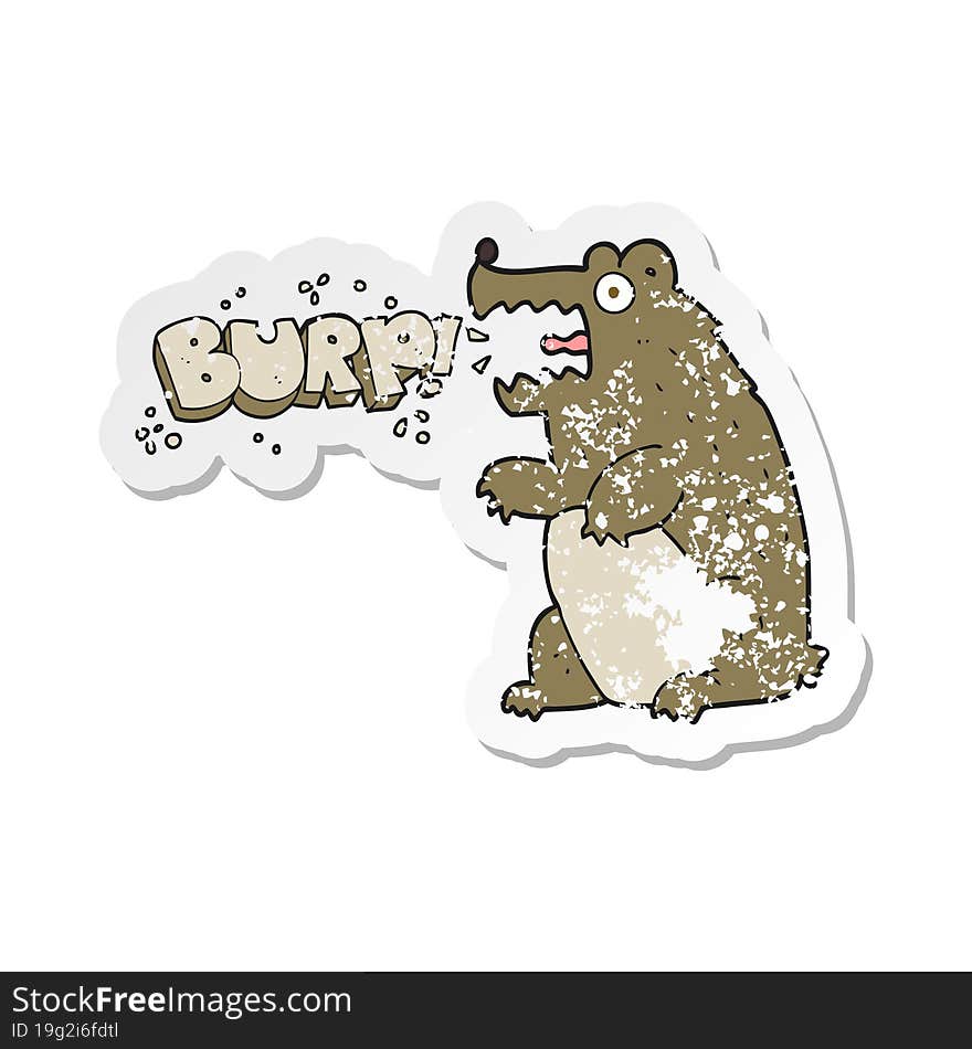 retro distressed sticker of a cartoon bear burping