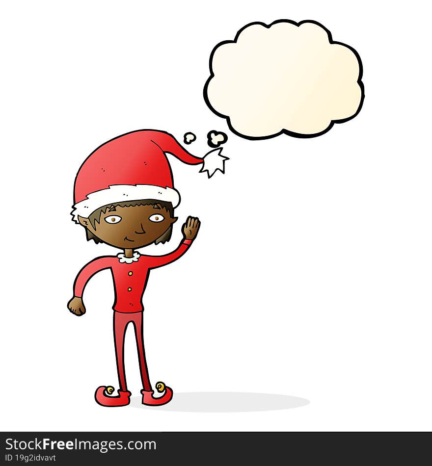 cartoon waving christmas elf with thought bubble