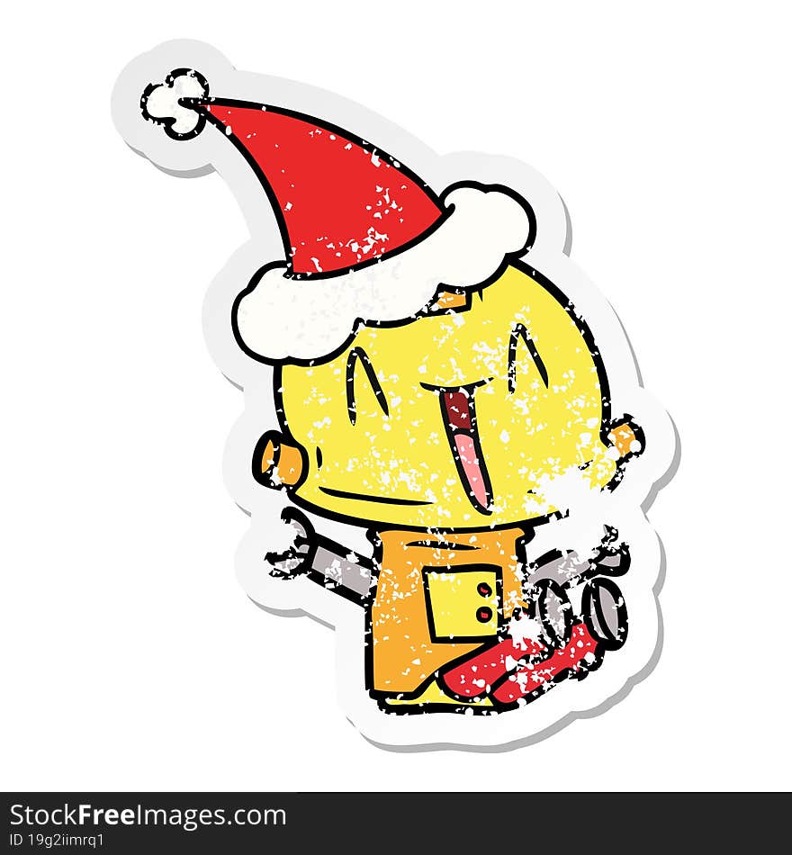 distressed sticker cartoon of a robot wearing santa hat