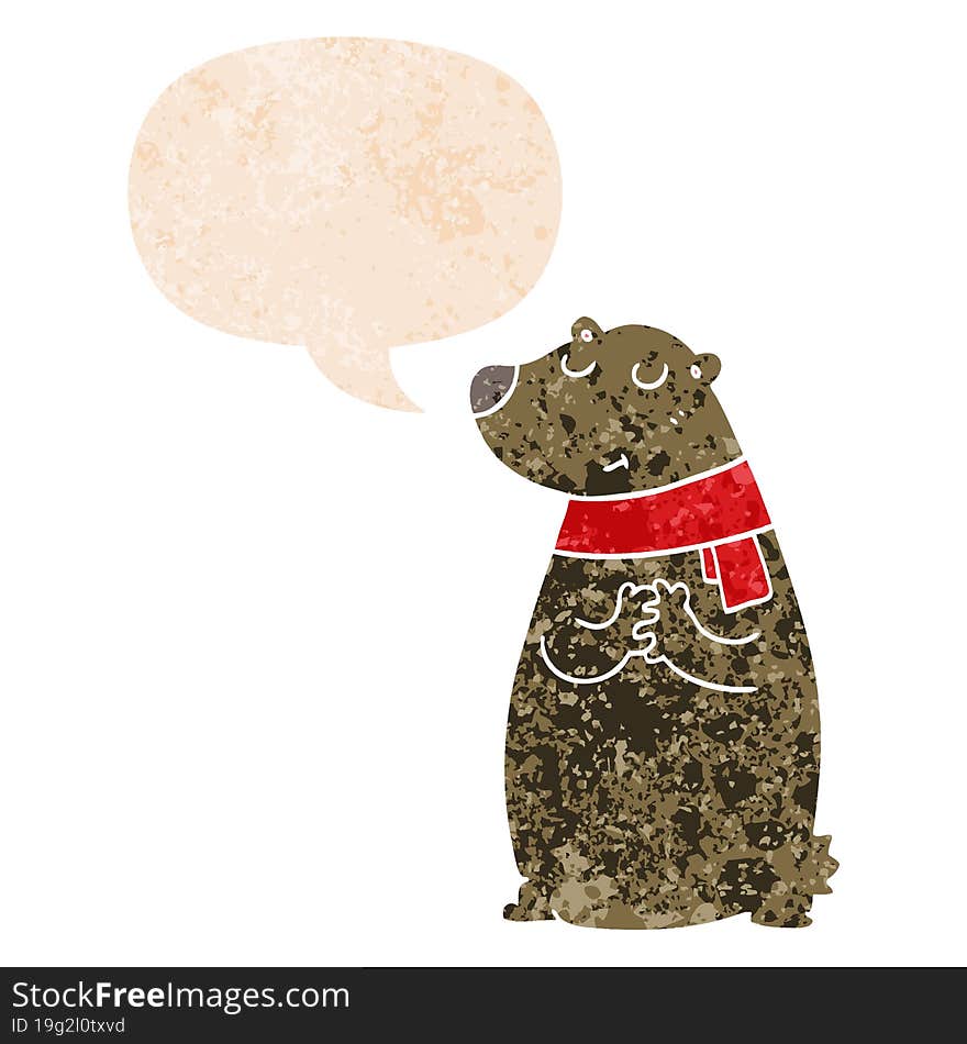 cartoon bear wearing scarf and speech bubble in retro textured style