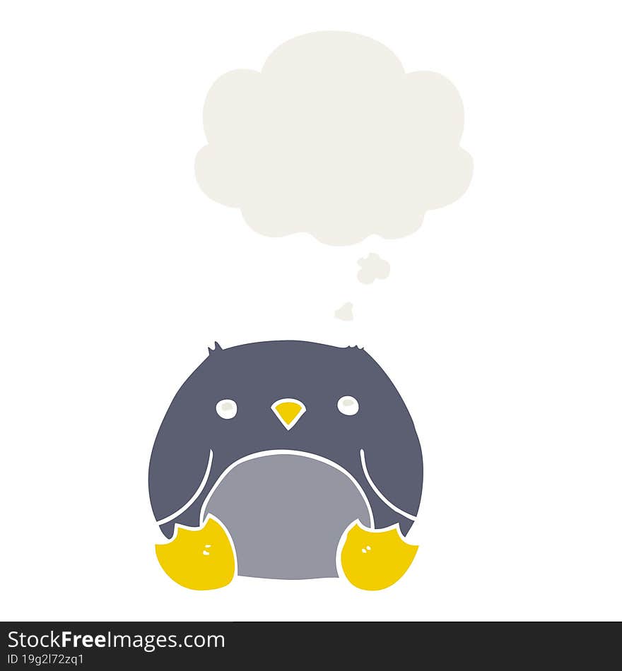 cartoon penguin with thought bubble in retro style