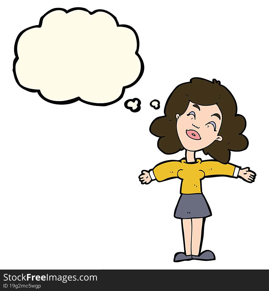 cartoon woman with open arms with thought bubble