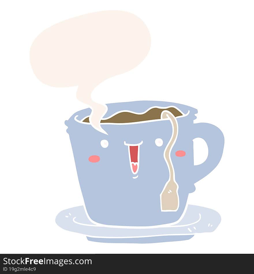 cute cartoon cup and saucer and speech bubble in retro style