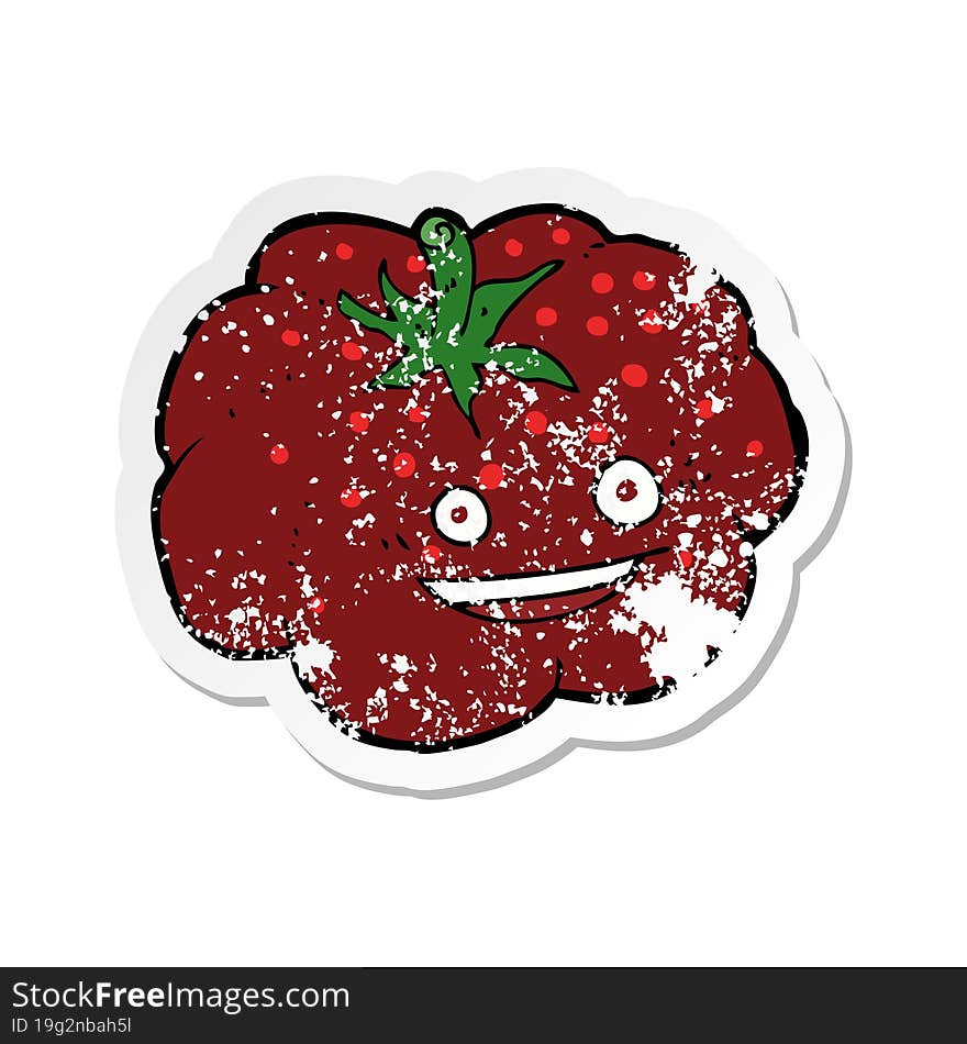 retro distressed sticker of a cartoon happy tomato