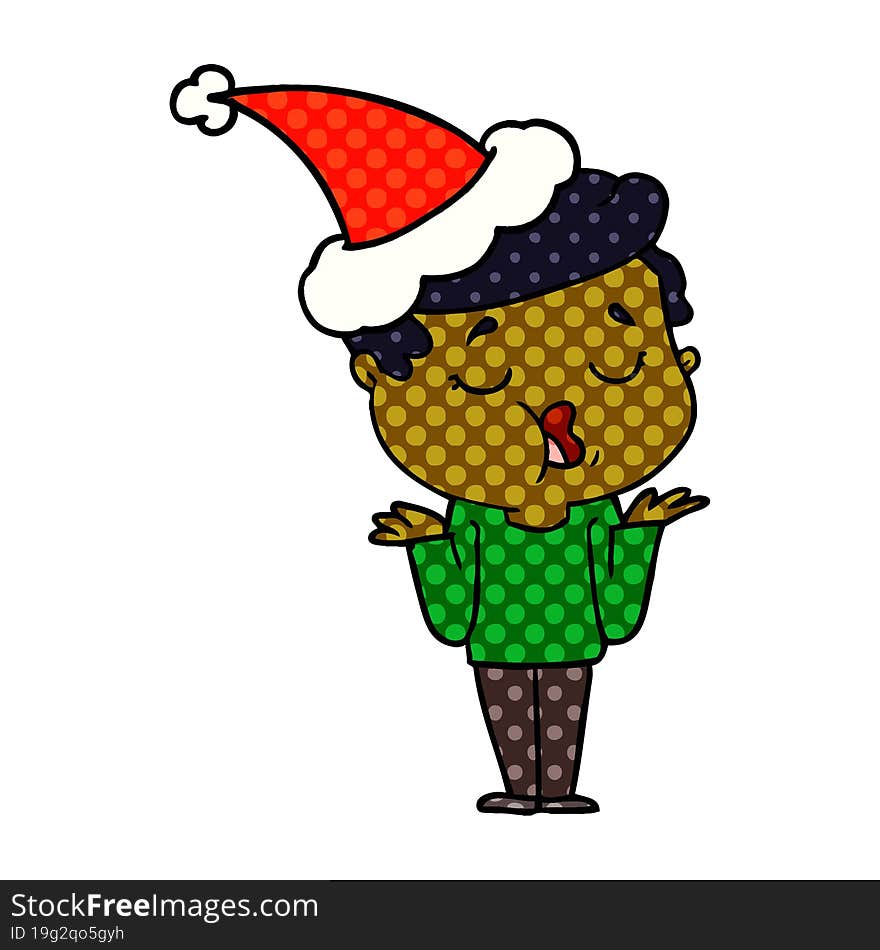 comic book style illustration of a man talking and shrugging shoulders wearing santa hat