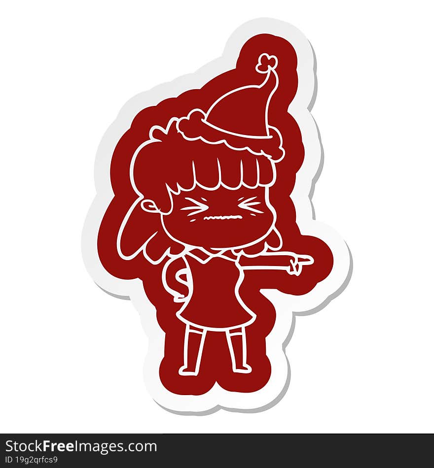 quirky cartoon  sticker of a woman wearing santa hat