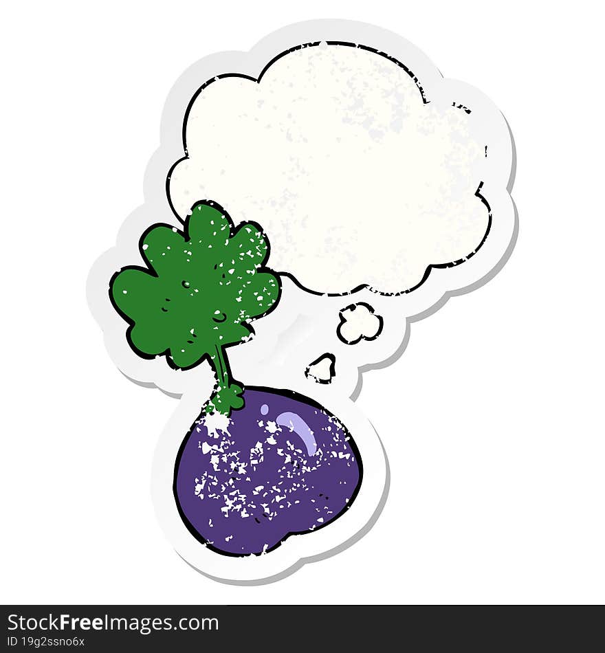 cartoon vegetable and thought bubble as a distressed worn sticker