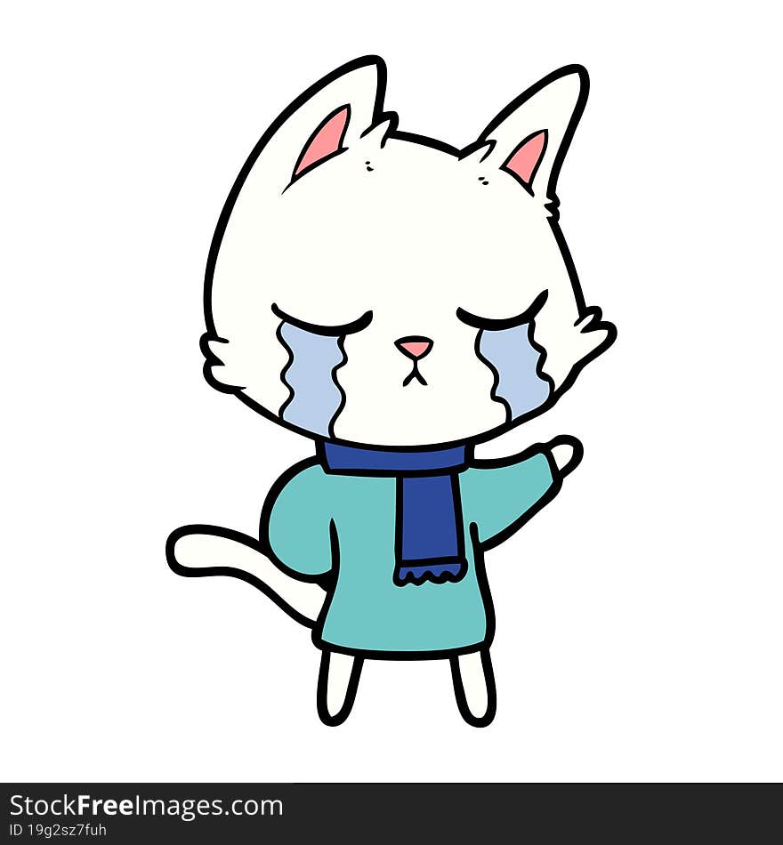 crying cartoon cat wearing winter clothes. crying cartoon cat wearing winter clothes