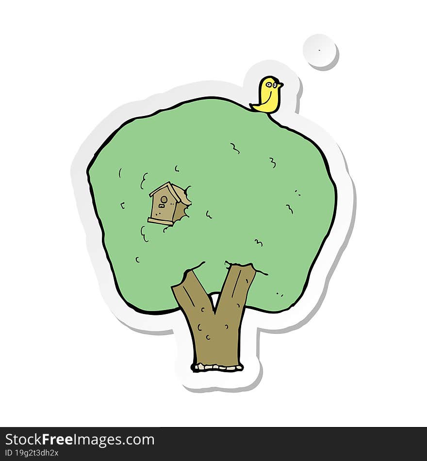 sticker of a cartoon tree with birdhouse