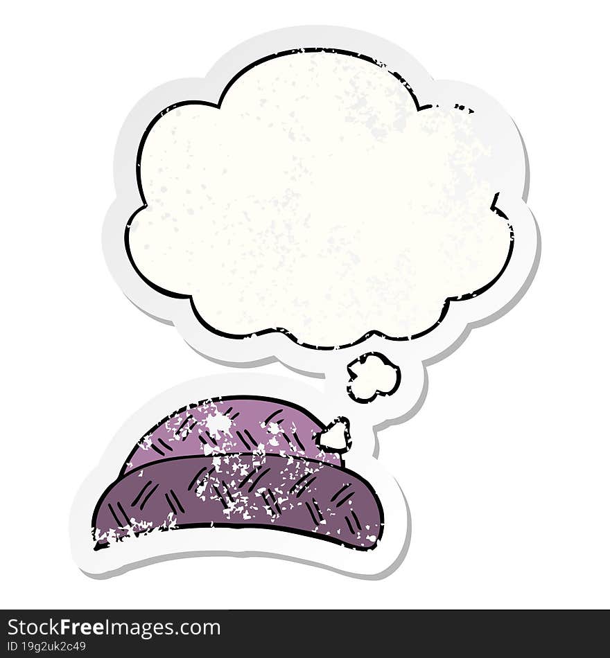 cartoon hat with thought bubble as a distressed worn sticker