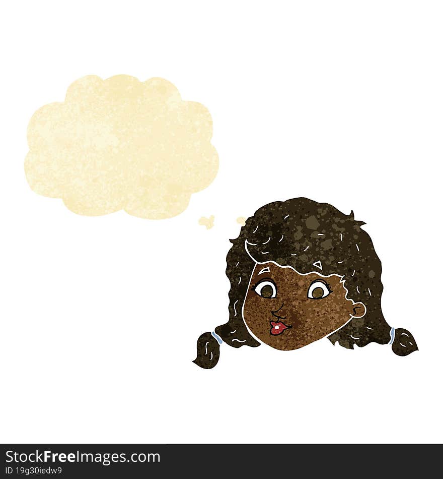 cartoon pretty female face with thought bubble