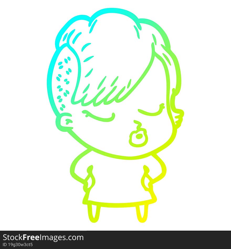 Cold Gradient Line Drawing Cartoon Pretty Hipster Girl