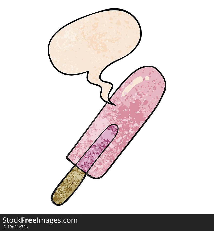 cartoon ice lolly with speech bubble in retro texture style