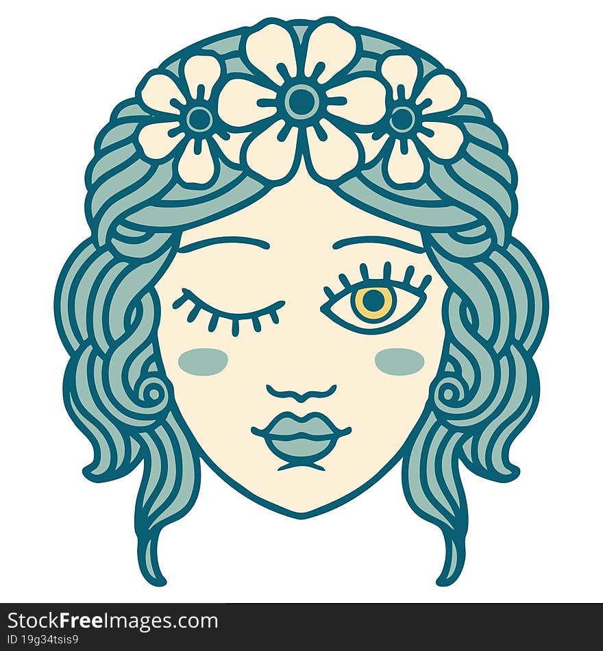 iconic tattoo style image of a maidens face winking. iconic tattoo style image of a maidens face winking