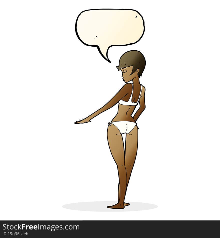 cartoon woman in bikini with speech bubble