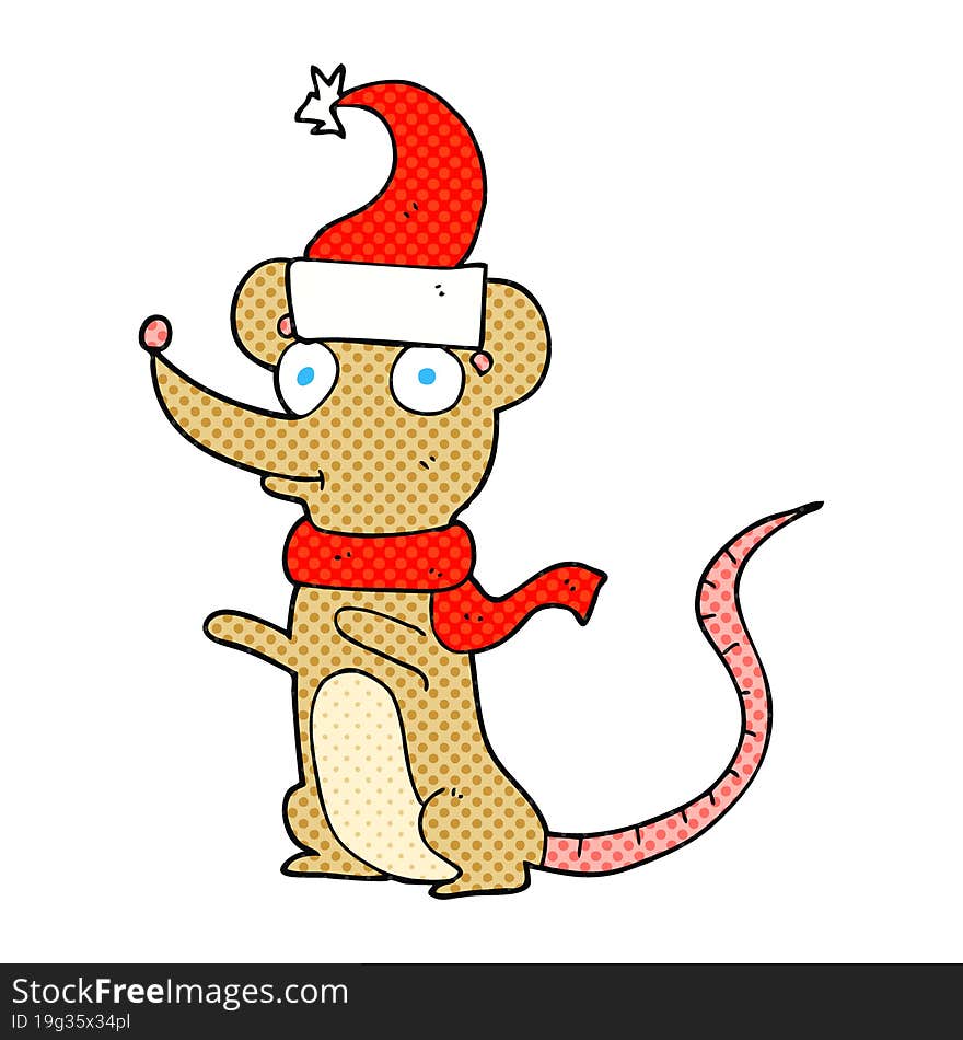 freehand drawn cartoon mouse wearing christmas hat