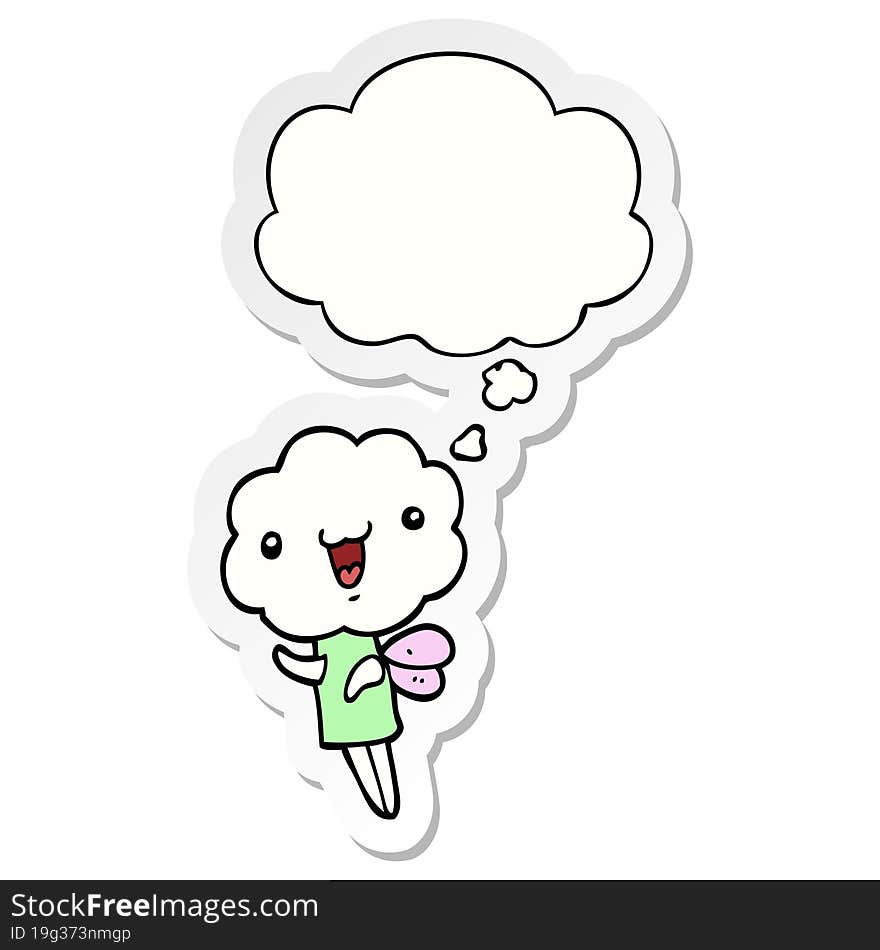 cute cartoon cloud head creature with thought bubble as a printed sticker