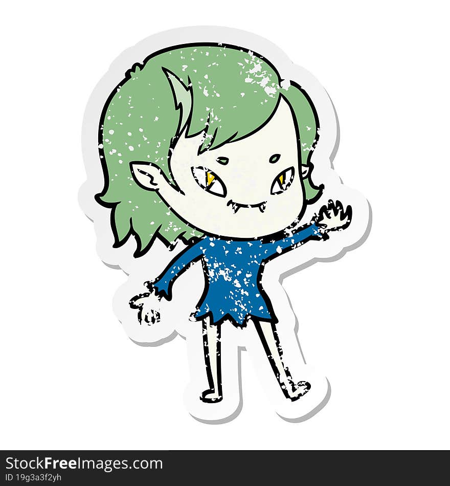 distressed sticker of a cartoon friendly vampire girl