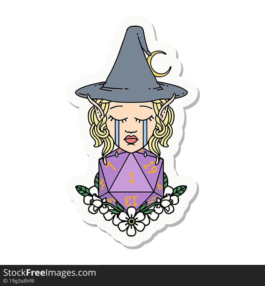 crying elf witch with natural one D20 roll sticker